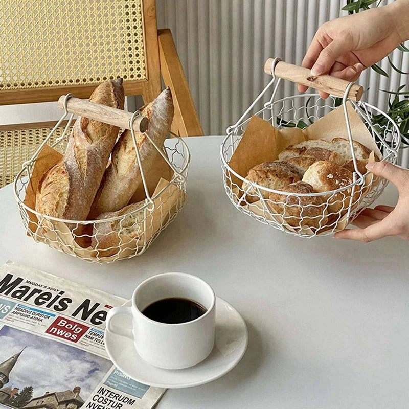 Metal Wire Basket with Wood Handle Decorative Serving Basket for Bread Food Fruit Egg Home Organizer Kitchen Storage Fruit Bins