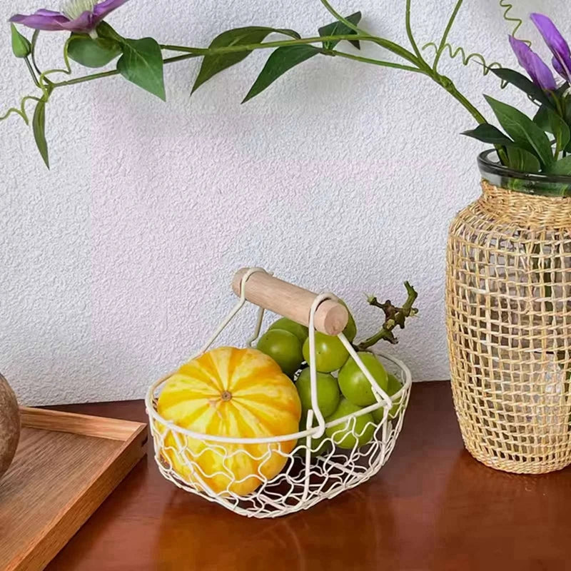 Metal Wire Basket with Wood Handle Decorative Serving Basket for Bread Food Fruit Egg Home Organizer Kitchen Storage Fruit Bins