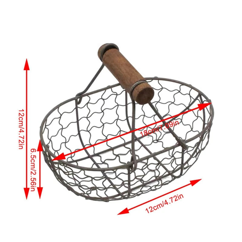 Metal Wire Basket with Wood Handle Decorative Serving Basket for Bread Food Fruit Egg Home Organizer Kitchen Storage Fruit Bins