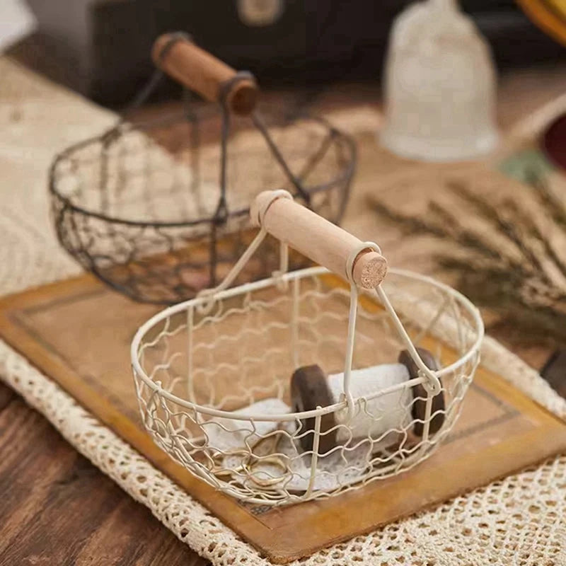 Metal Wire Basket with Wood Handle Decorative Serving Basket for Bread Food Fruit Egg Home Organizer Kitchen Storage Fruit Bins