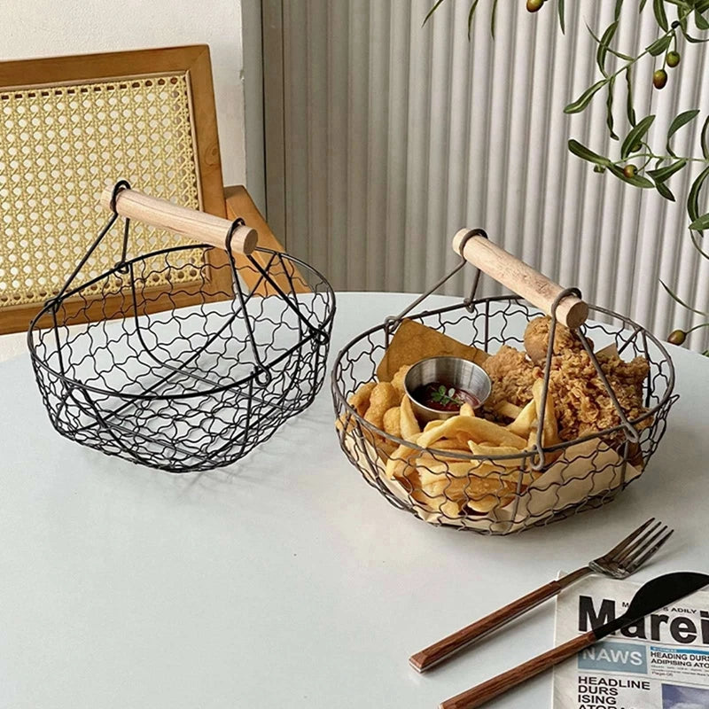 Metal Wire Basket with Wood Handle Decorative Serving Basket for Bread Food Fruit Egg Home Organizer Kitchen Storage Fruit Bins