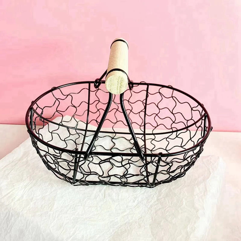 Metal Wire Basket with Wood Handle Decorative Serving Basket for Bread Food Fruit Egg Home Organizer Kitchen Storage Fruit Bins