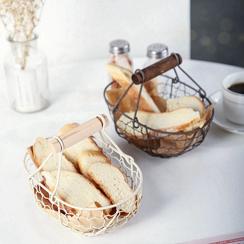 Metal Wire Basket with Wood Handle Decorative Serving Basket for Bread Food Fruit Egg Home Organizer Kitchen Storage Fruit Bins