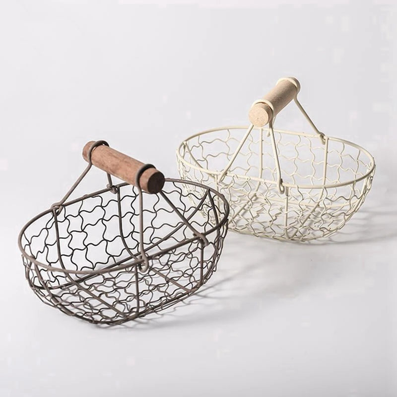 Metal Wire Basket with Wood Handle Decorative Serving Basket for Bread Food Fruit Egg Home Organizer Kitchen Storage Fruit Bins