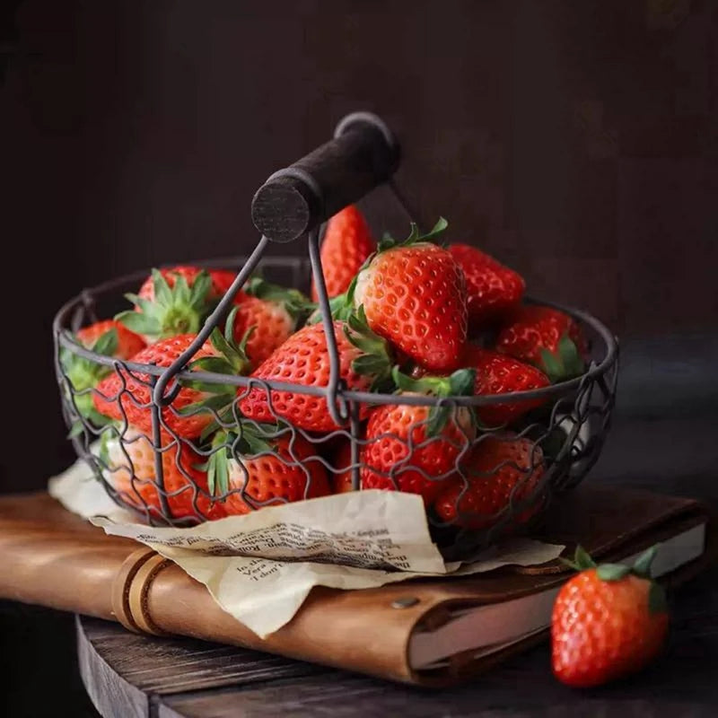 Metal Wire Basket with Wood Handle Decorative Serving Basket for Bread Food Fruit Egg Home Organizer Kitchen Storage Fruit Bins