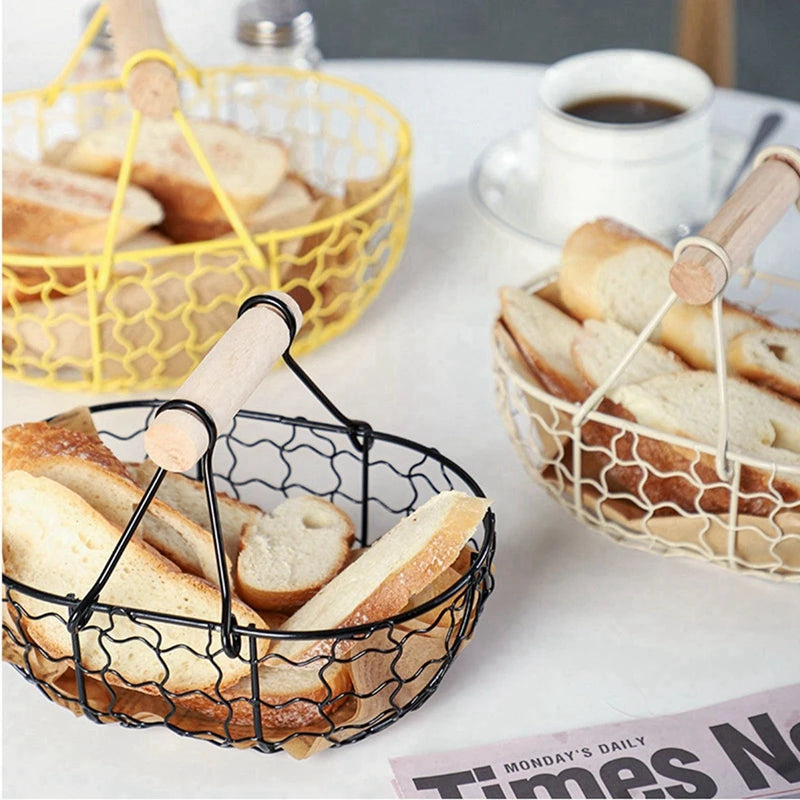 Metal Wire Basket with Wood Handle Decorative Serving Basket for Bread Food Fruit Egg Home Organizer Kitchen Storage Fruit Bins