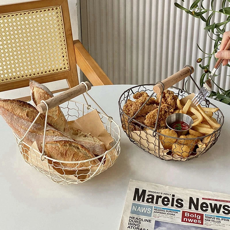Metal Wire Basket with Wood Handle Decorative Serving Basket for Bread Food Fruit Egg Home Organizer Kitchen Storage Fruit Bins
