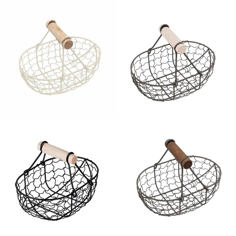 Metal Wire Basket with Wood Handle Decorative Serving Basket for Bread Food Fruit Egg Home Organizer Kitchen Storage Fruit Bins