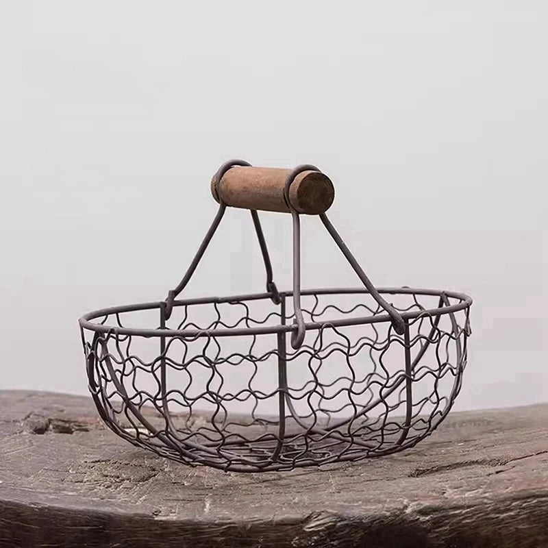 Metal Wire Basket with Wood Handle Decorative Serving Basket for Bread Food Fruit Egg Home Organizer Kitchen Storage Fruit Bins