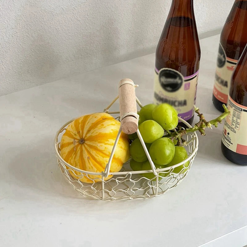 Metal Wire Basket with Wood Handle Decorative Serving Basket for Bread Food Fruit Egg Home Organizer Kitchen Storage Fruit Bins