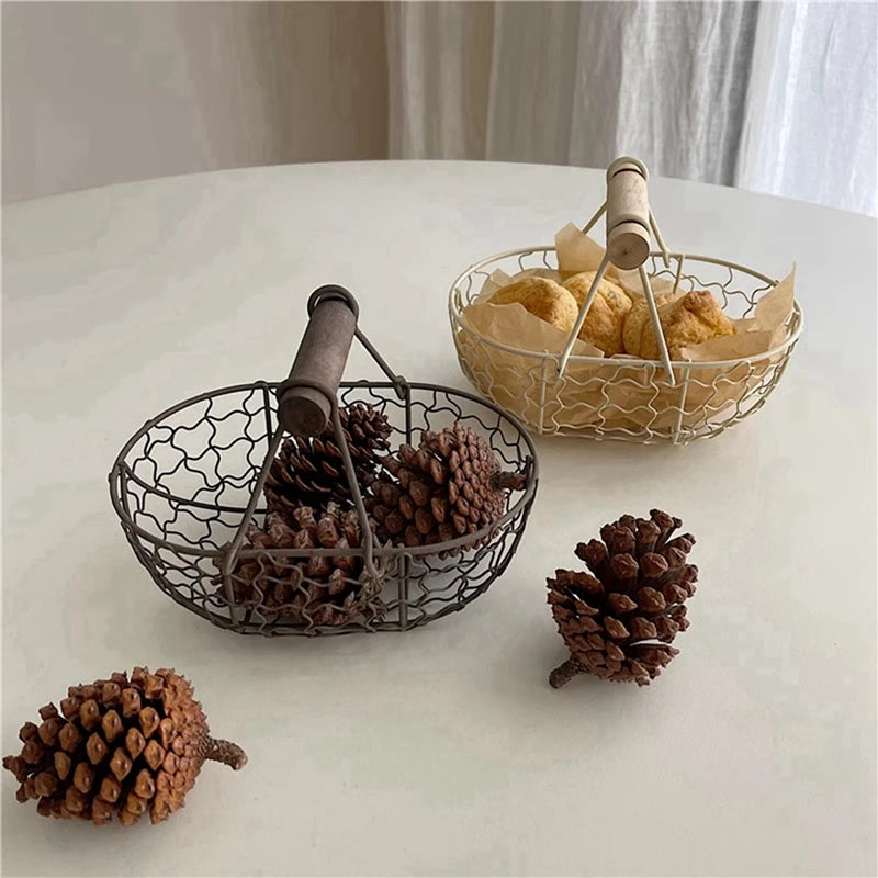 Metal Wire Basket with Wood Handle Decorative Serving Basket for Bread Food Fruit Egg Home Organizer Kitchen Storage Fruit Bins