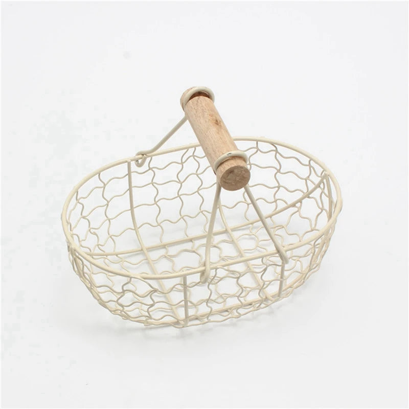 Metal Wire Basket with Wood Handle Decorative Serving Basket for Bread Food Fruit Egg Home Organizer Kitchen Storage Fruit Bins
