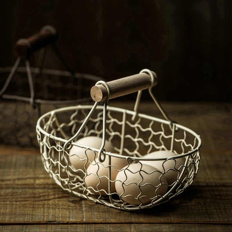 Metal Wire Basket with Wood Handle Decorative Serving Basket for Bread Food Fruit Egg Home Organizer Kitchen Storage Fruit Bins