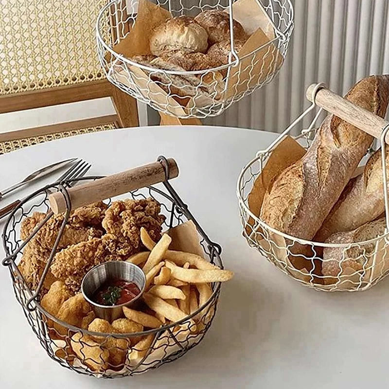 Metal Wire Basket with Wood Handle Decorative Serving Basket for Bread Food Fruit Egg Home Organizer Kitchen Storage Fruit Bins