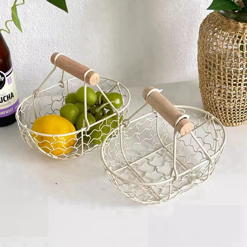 Metal Wire Basket with Wood Handle Decorative Serving Basket for Bread Food Fruit Egg Home Organizer Kitchen Storage Fruit Bins