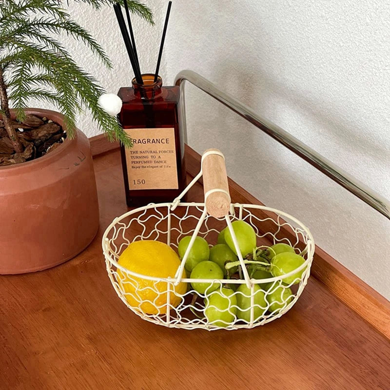 Metal Wire Basket with Wood Handle Decorative Serving Basket for Bread Food Fruit Egg Home Organizer Kitchen Storage Fruit Bins
